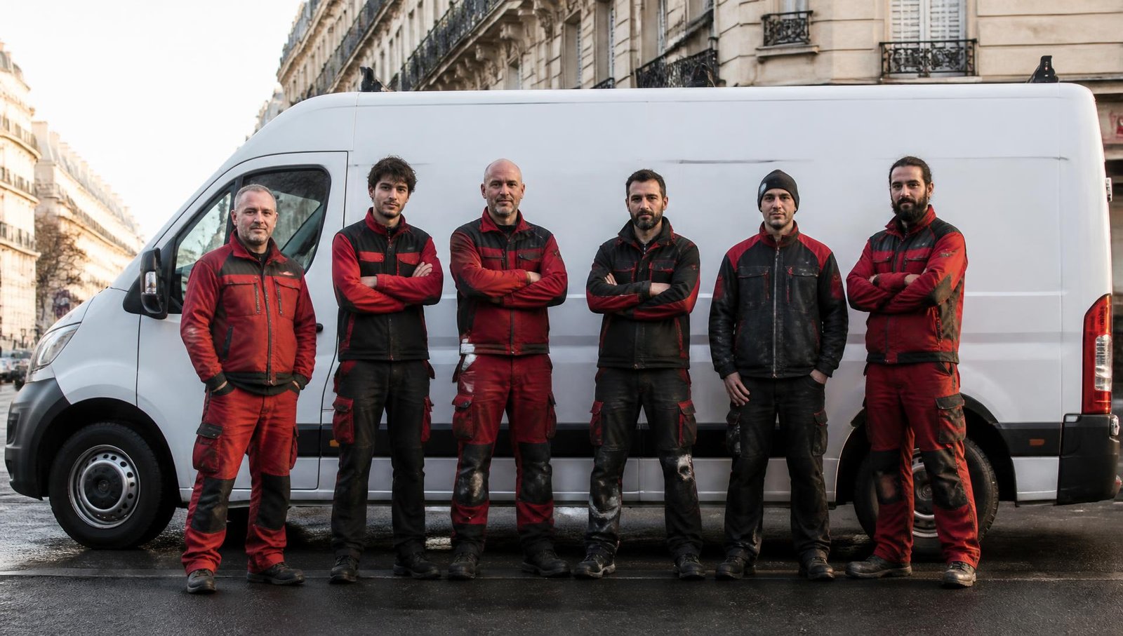 Les artisans des Compagnons du Bâtiment devant leur camion à Paris